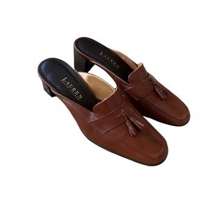 Lauren Ralph Lauren Brown Leather Stacked Heel Mule